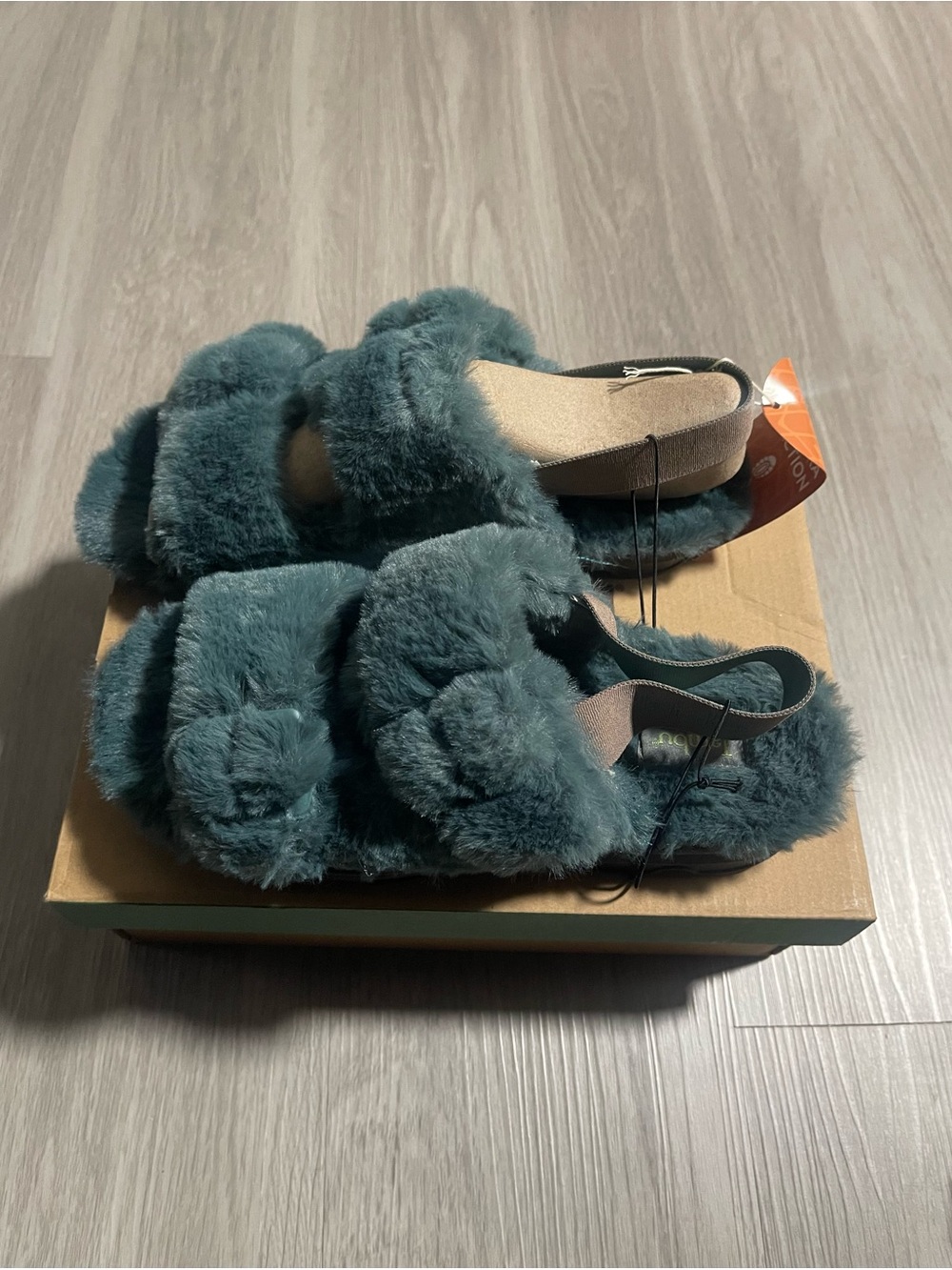Jambu Women's Plush Fuzzy Slide Sandals in Teal Green